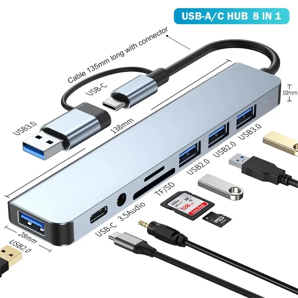Hub USB-C 8 in 1 – 4 USB, Lettore SD/TF, Audio, Compatibile MacBook e PC