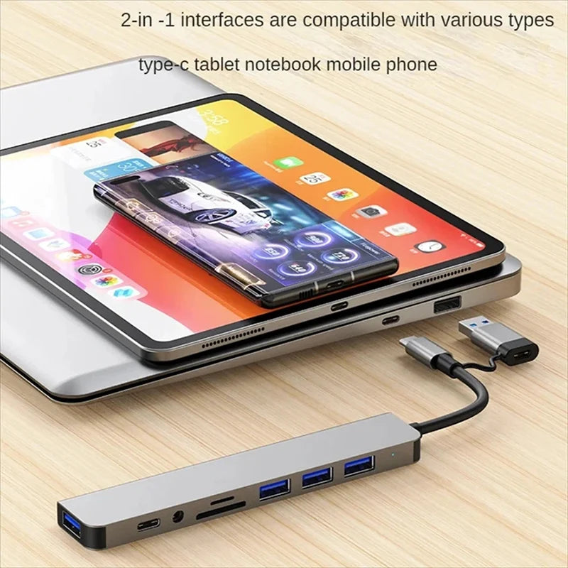 Hub USB-C 8 in 1 – 4 USB, Lettore SD/TF, Audio, Compatibile MacBook e PC