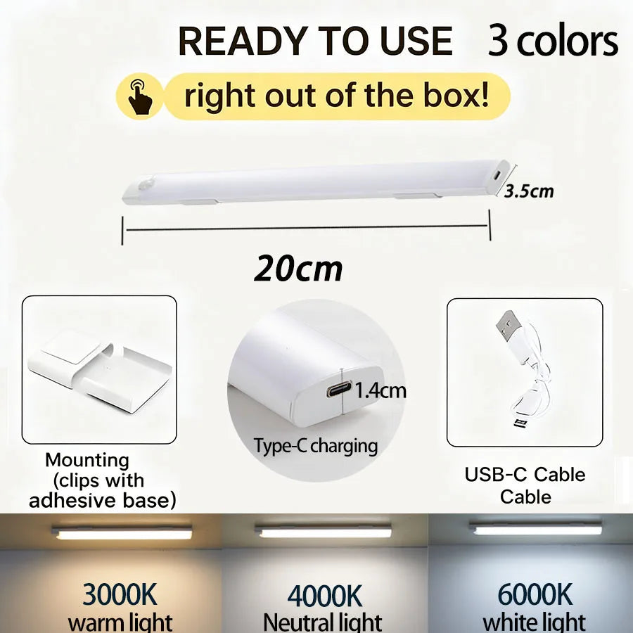 Wireless LED Cabinet Lights Motion Sensor LED Bar Light Rechargeable Magnetic for Kitchen Closet Night Light Indoor Lighting