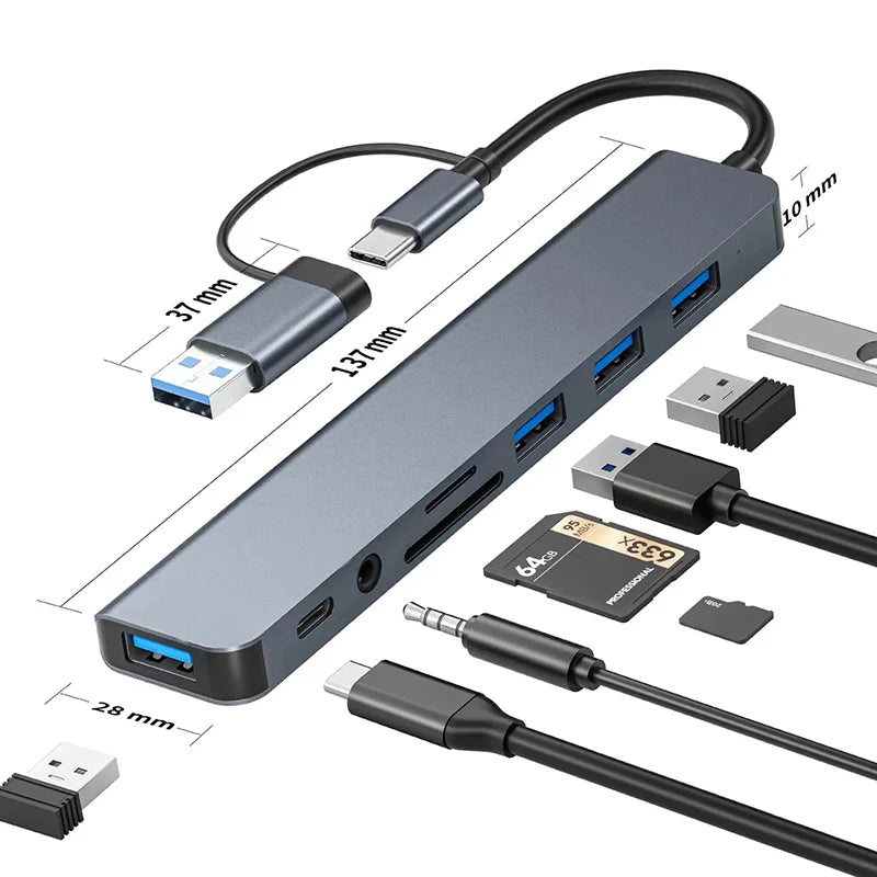 Hub USB-C 8 in 1 – 4 USB, Lettore SD/TF, Audio, Compatibile MacBook e PC
