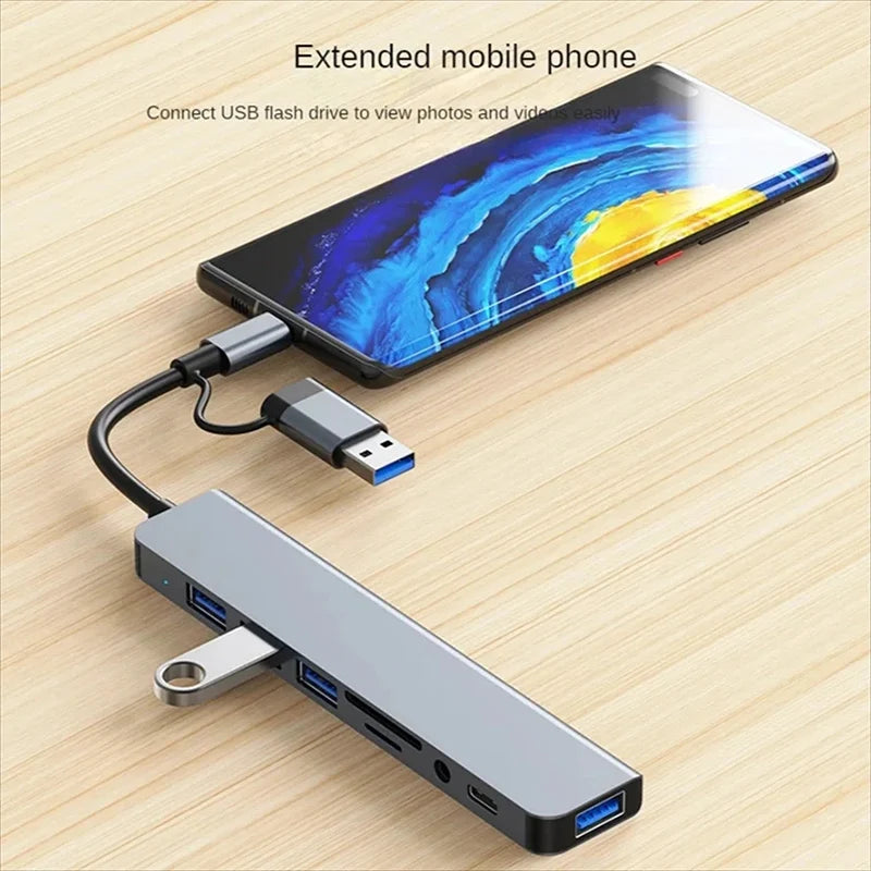 Hub USB-C 8 in 1 – 4 USB, Lettore SD/TF, Audio, Compatibile MacBook e PC