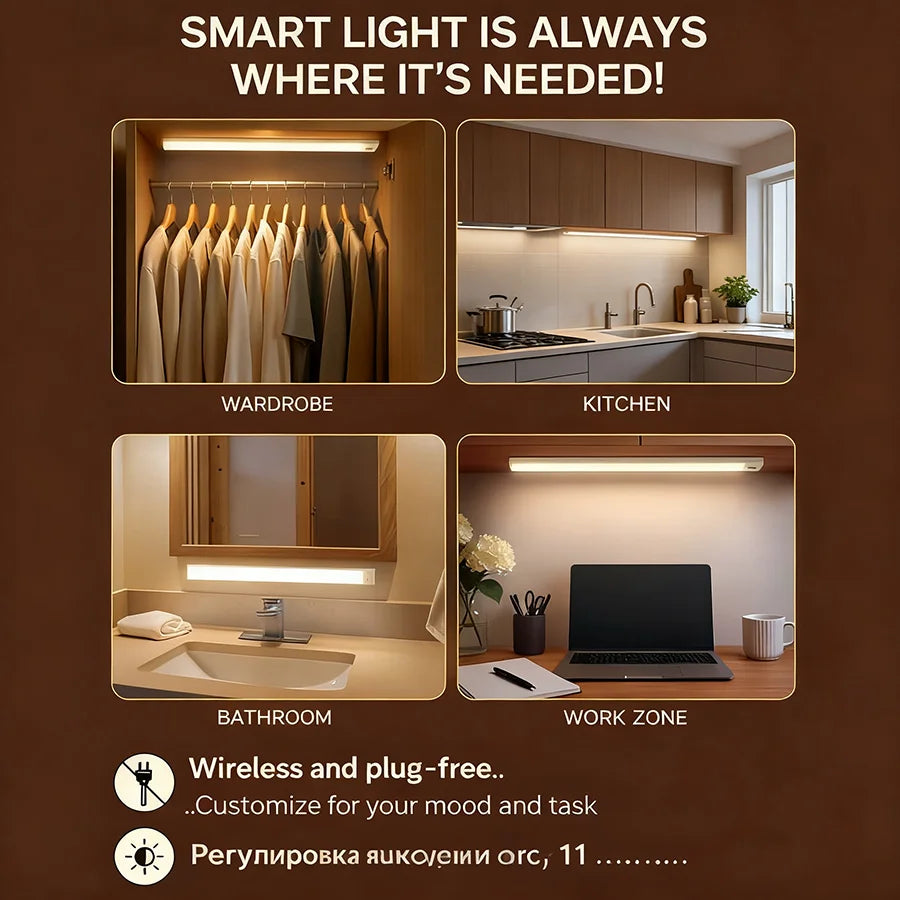 Wireless LED Cabinet Lights Motion Sensor LED Bar Light Rechargeable Magnetic for Kitchen Closet Night Light Indoor Lighting