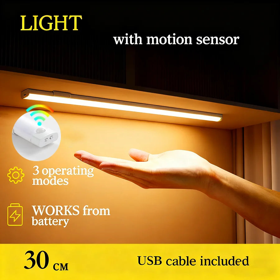 Wireless LED Cabinet Lights Motion Sensor LED Bar Light Rechargeable Magnetic for Kitchen Closet Night Light Indoor Lighting
